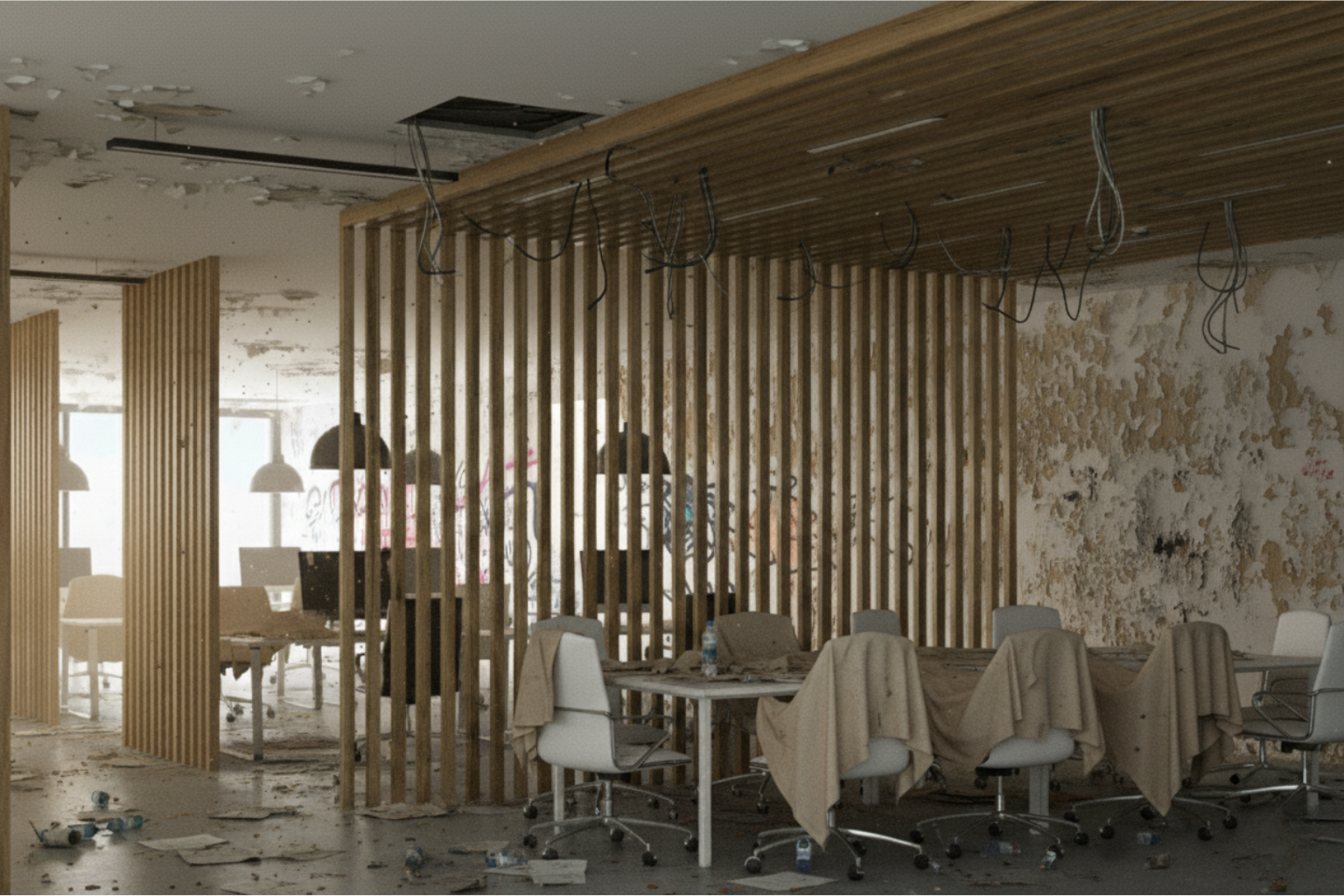 Office fit-out in progress showing unfinished interior prior to electrical installation by supermarket and office electricians in Preston